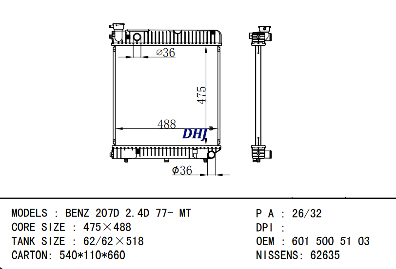 BENZ 207D Radiator 6015005103 6015008103 6015006803 6015007803 6015006903 6015007