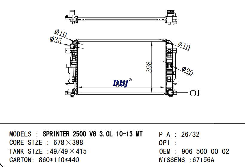 BENZ SPRINTER 3-t Bus Radiator 9065000202 9065000102 9065000002 2E0121253