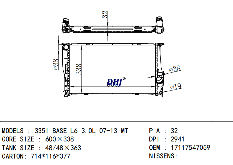 17117547059 BMW 335I BASE L6 3.0L 07-13 MT RADIATOR