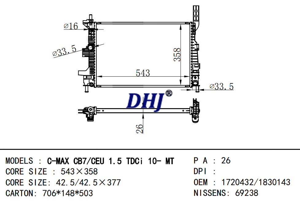 FORD C-MAX CB7/CEU TDCi AUTO RADIATOR,1720432/1830143