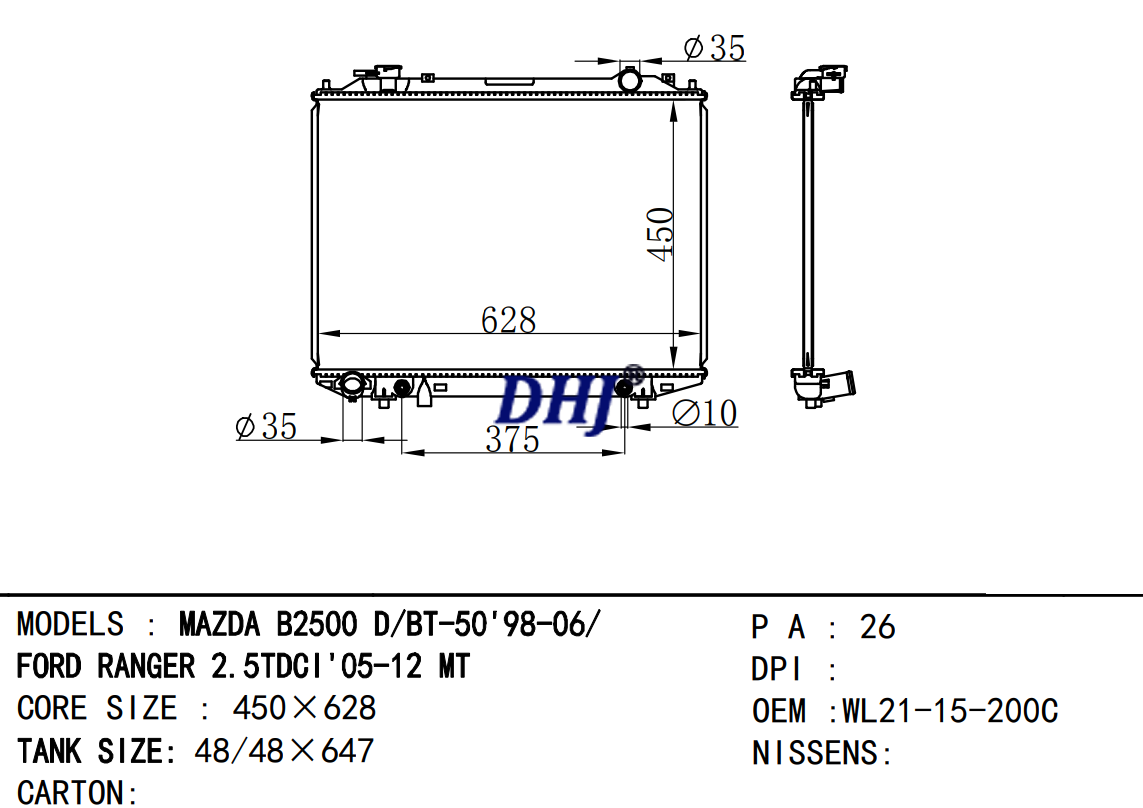 Ford Ranger Mazda BT50 Radiator,WL81-15-200C WL81-15-200B WL21-15-200B WL21-15-200A 1378035