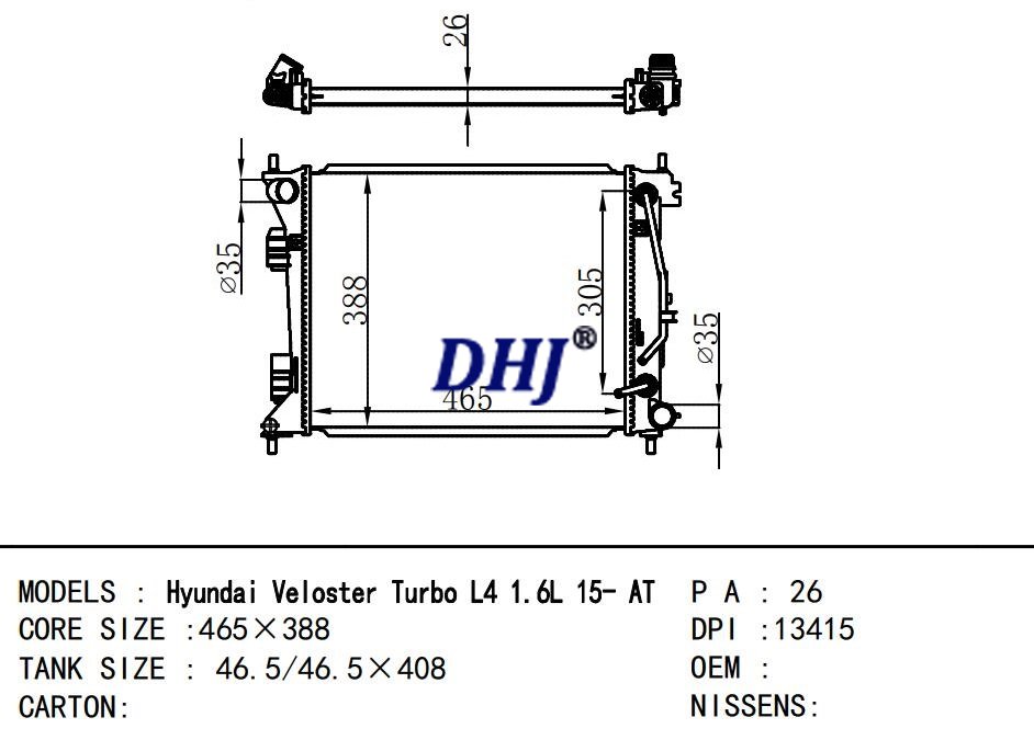 25310-2V750 25310-2M510,DPI:13415,Radiator for VELOSTER Turbo 15- AT