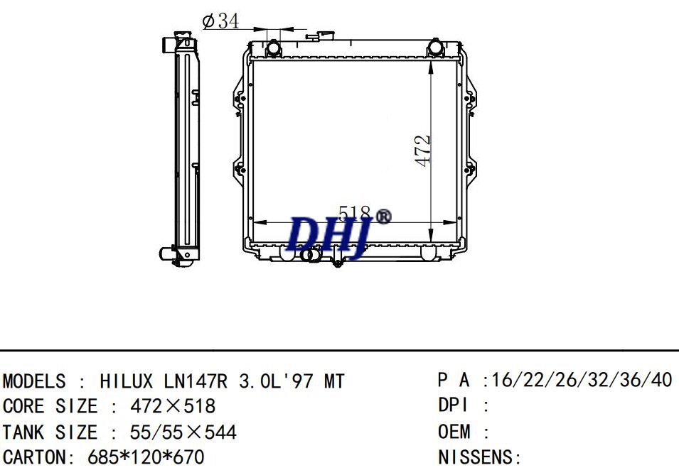 TOYOTA HILUX LN147R 3.0L'97 MT car radiator