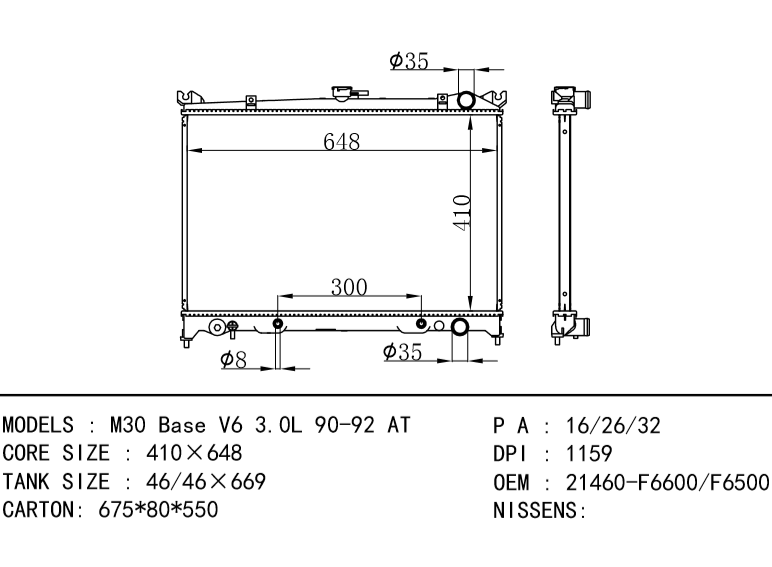 NISSAN M30 RADIATOR OEM 21460-F6600/F6500 M30 Base V6 3.0L 90-92 AT