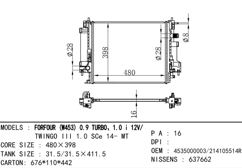 RENAULT FORFOUR RADIATORS OEM:4535000003 214105514R  TWINGO RADIATOR