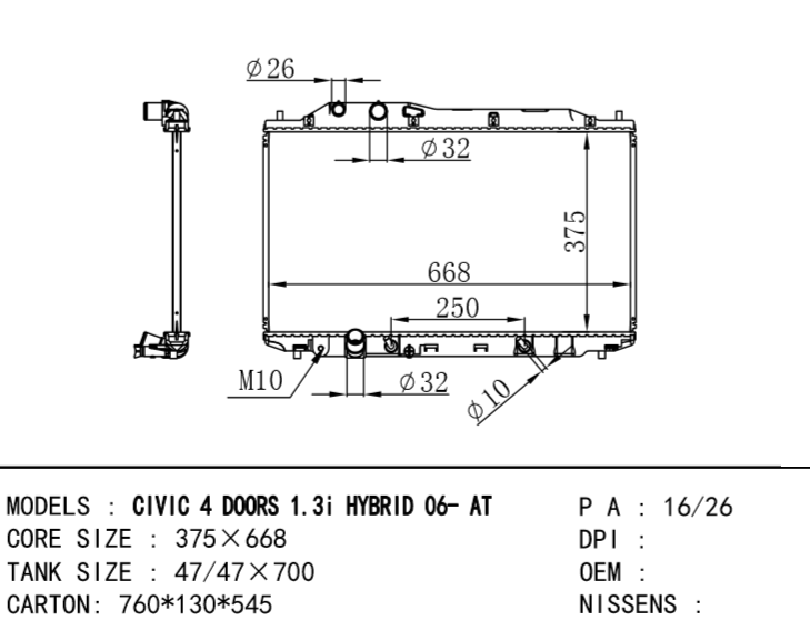 HONDA CIVIC RADIATOR  hybrid RADIATOR  CIVIC 4 DOORS 1.3Ii hybrid 06-AT