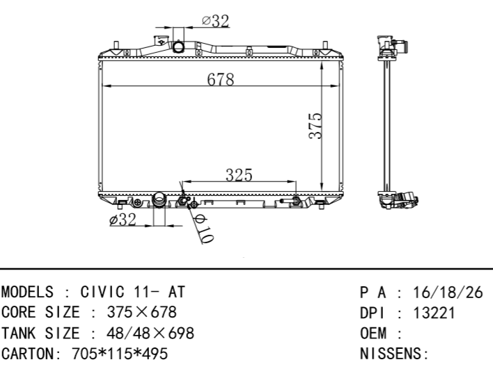 HONDA CIVIC RADIATOR 11- AT DPI:13221