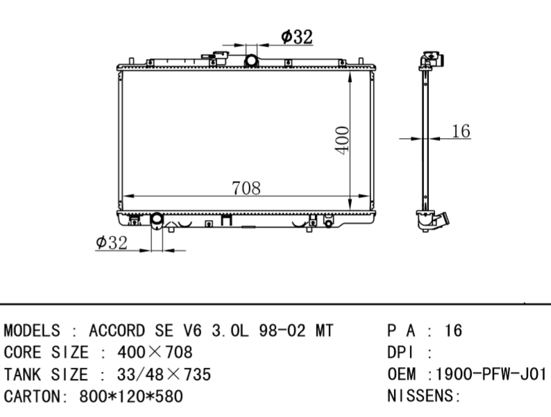 HONDA radiator 1900-PFW-J01 1900PFWJ01 ACCORD SE V6 3.0L 98-02 AT