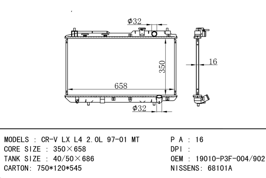 HONDA radiator 19010-P3F-004/19010-P3F-902 19010-P3F-901 68101A CR-V LX L4 2.0L 9