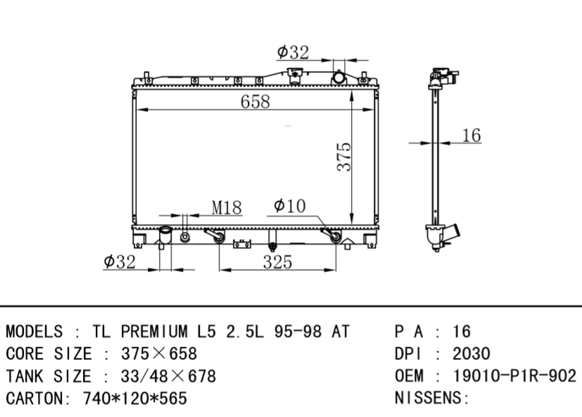 HONDA RADIATOR OEM 19010-P1R-902 19010-P1R-901 TL PREMIUM L5 2.5L 95-98 AT