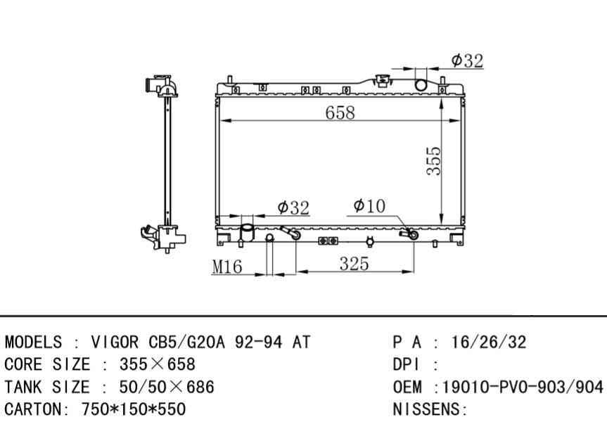 HONDA radiator OEM:19010-PV0-903/19010-PV0-904 VIGOR CB5/G20A 92-94 AT