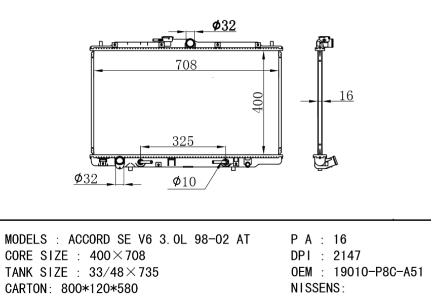 HONDA radiator 19010-P8C-A51 ACCORD SE V6 3.0L 98-02 AT