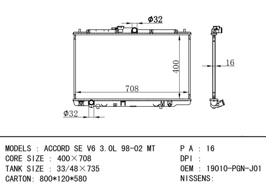 HONDA radiator 19010-PGN-J01 ACCORD SE V6 3.0L 98-02 MT