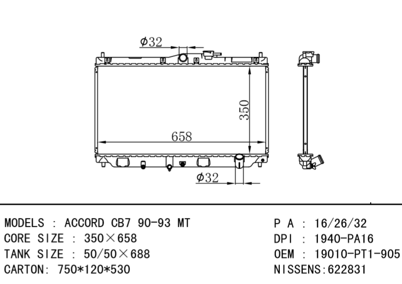 Honda radiator 19010P39901 19010POA902 19051PT1901 19051PT1902 19010PT1905 19010PT4G51 19010PT4G52 19010-PT1-905 ACCORD CB7 90-93 MT
