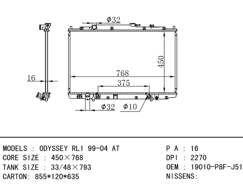 HONDA Radiator 19010-P8F-J51 Honda Odyssey RL1 99-04 AT