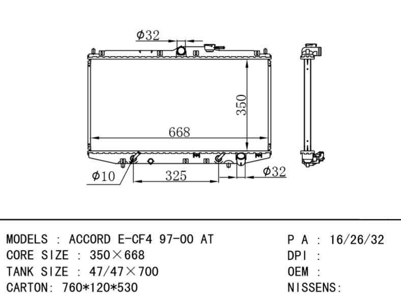 HONDA Radiator ACCORD E-CF4 97-00 AT