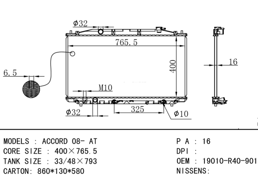HONDA Radiator 19010-R40-901 19010R40901 ACCORD 08- AT