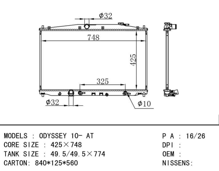 Honda radiator FOR ODYSSEY 10- AT MT