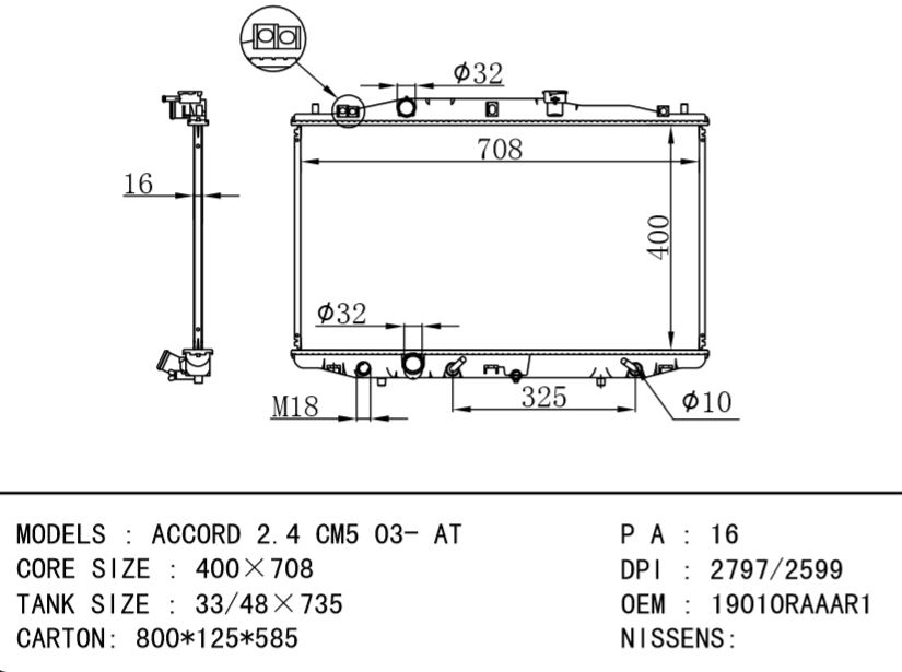 HONDA Radiator 19010RAAAR1 19010-RAA-AR1 HONDA ACCORD 2.4 CM5 03- AT