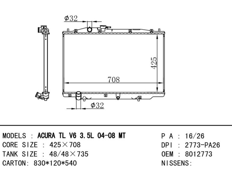 HONDA Radiator OEM:8012773 DPI:2773-PA26 For Acura TL V6 3.5L 3.2 V6 2004 2005 20