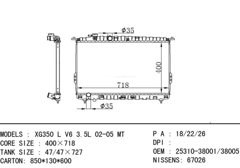 HYUNDAI Radiator 25310-38001 25310-38005 XG350 L V6 3.5L 02-05 MT XG350 L V6 3.5L
