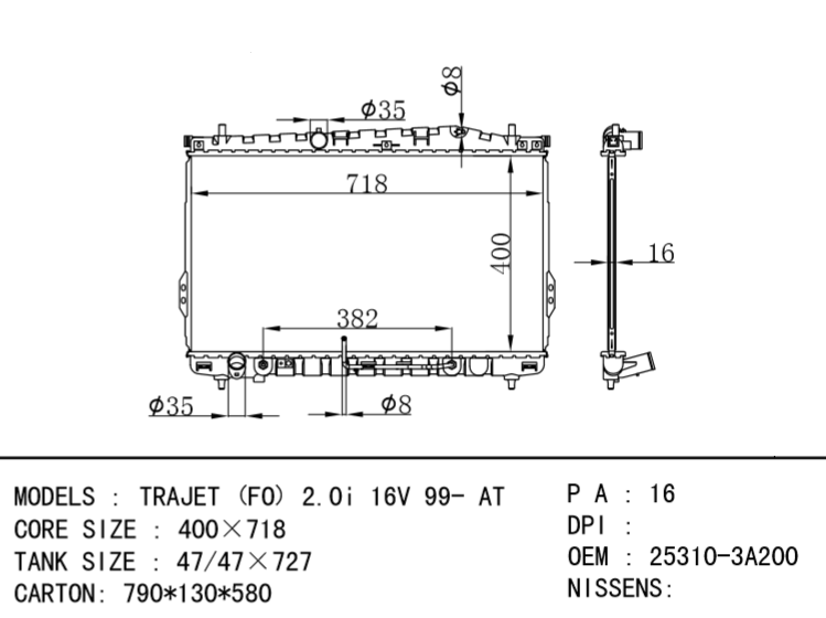 HYUNDAI Radiator 25310-3A200 25310-3A201 TRAJET (FO) 2.0i 16V 99- AT