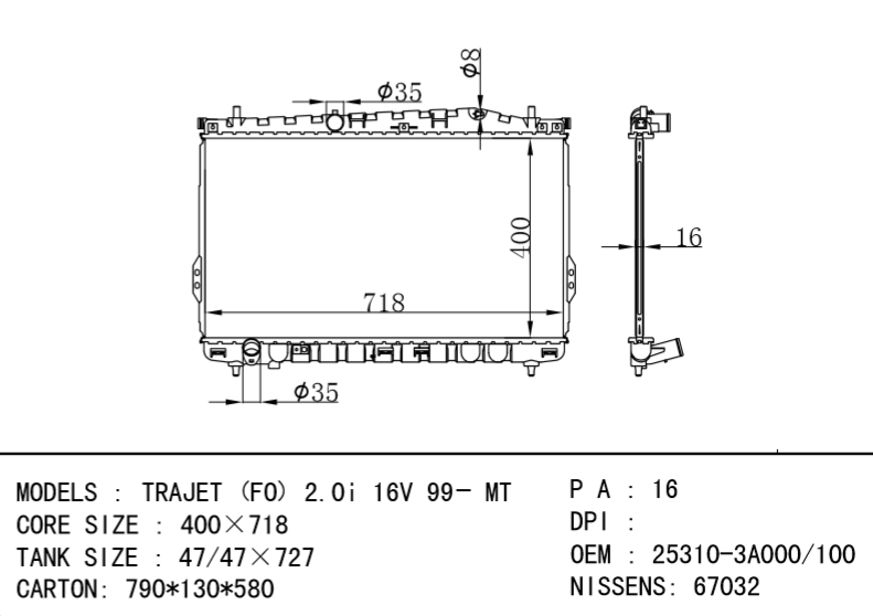 HYUNDAI Radiator 25310-3A000 25310-3A100 TRAJET (FO) 2.0i 16V 99- MT NISSENS:6703