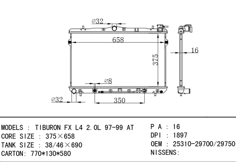 HYUNDAI Radiator 25310-29700 25310-29750 TIBURON FX L4 2.0L 97-99 AT