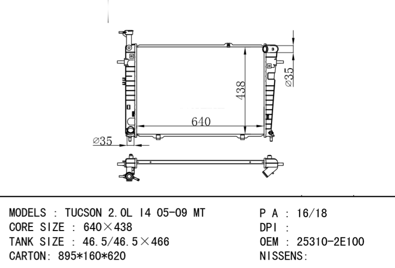 HYUNDAI Radiator 25310-2E100 25310-2E800 TUCSON 2.0L I4 05-09 MT