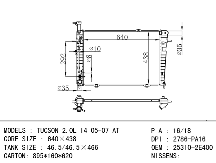 HYUNDAI Radiator 25310-2E400 25310-2E401 TUCSON 2.0L I4 05-07 AT