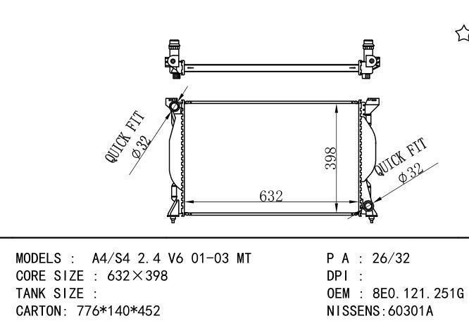 8E0.121.251G,8E0121251G Car Radiator for AUDI A4-S4 2.4 V6
