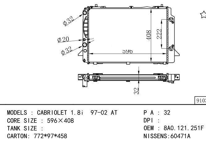 8A0121251F,8A0.121.251F Car Radiator for AUDI CABRIOLET-1.8i