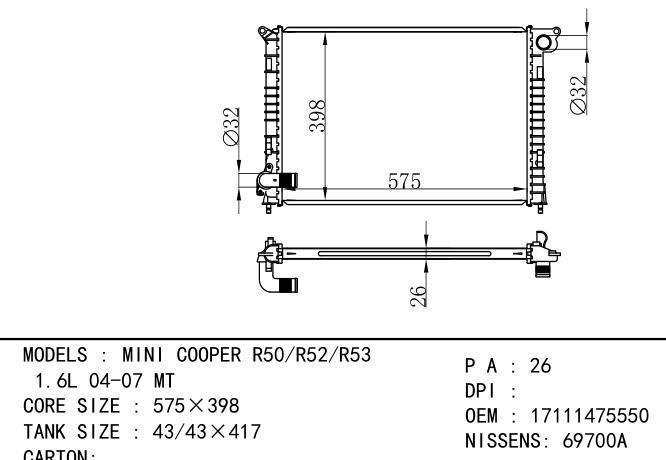 17111475550 Car Radiator for BMW MINI COOPER R50/R52/R53 1.6L 04-07