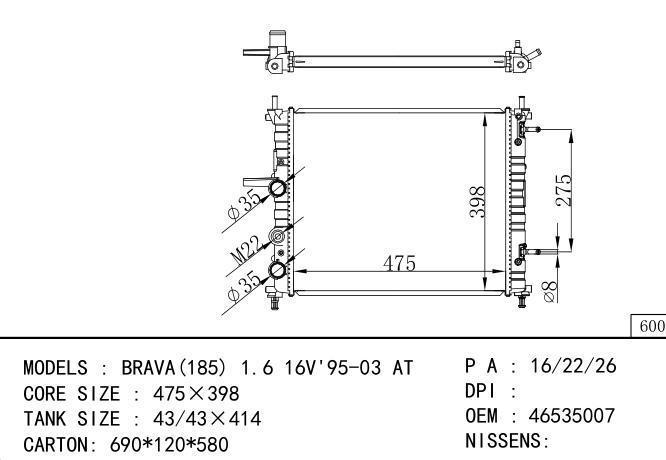 46535007 Car Radiator for FIAT  BRAVA(185)1.6 16V' 95-03 AT