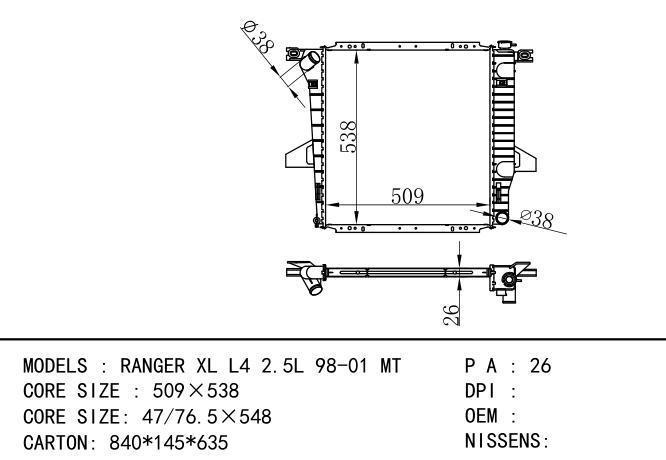  Car Radiator for FORD RANGER XL L4 2.5L 98-01