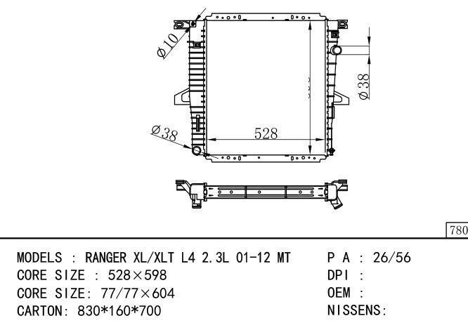  Car Radiator for FORD RANGER XL/XLT L4 2.3L 01-12 MT