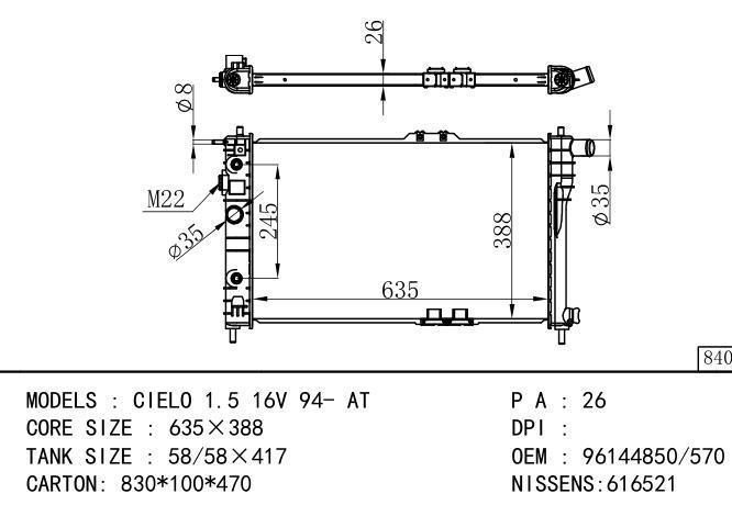 96144570/96144850/*96144850-570 Car Radiator for DAEWOO CIELO 1.5i16V'