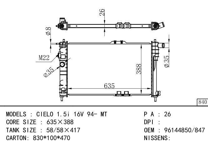 96144847/96144850/*96144850-847 Car Radiator for DAEWOO CIELO 1.5i16V'