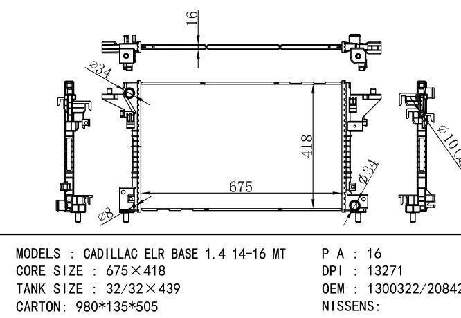 1300322/2084216 Car Radiator for  GM,DODGE Cadillac ELR BASE 1.4 14-16 MT