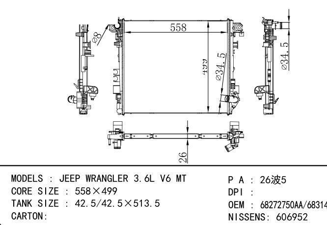 68272750AA/68314786AA Car Radiator for  GM,DODGE JEEP WRANGLER 3.6L V6 MT