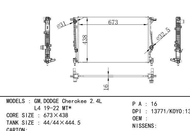 13771/KOYO:13848 Car Radiator for  GM,DODGE GM,DODGE Cherokee 2.4L /L4 19-22 MT