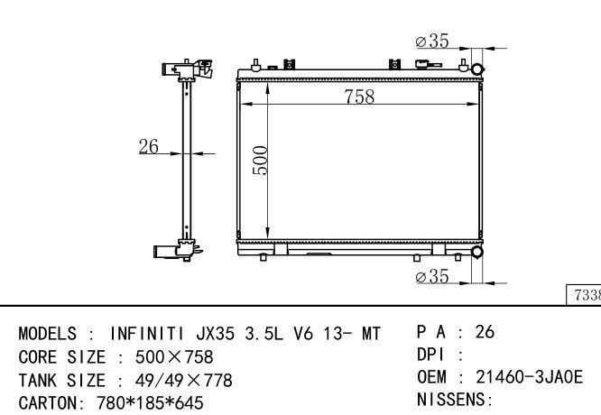 21460-3JA0E Car Radiator for NISSAN INFINITI JX35 3.5L V6 13-