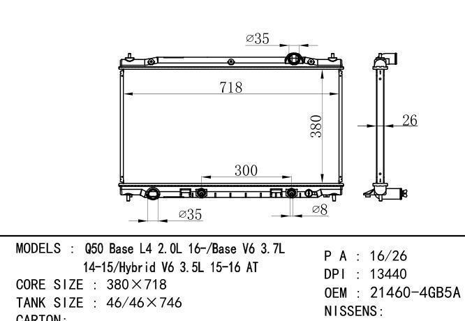21460-4GB5A Car Radiator for NISSAN Infiniti/Q50 Base L4 2.0L