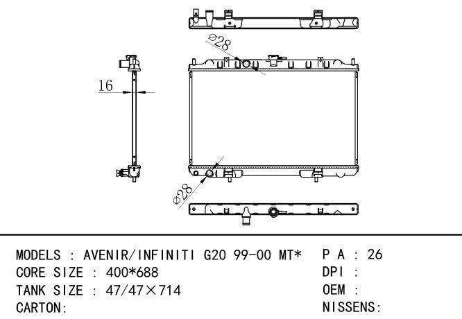  Car Radiator for NISSAN AVENIR/INFINITI G20 99-00 MT