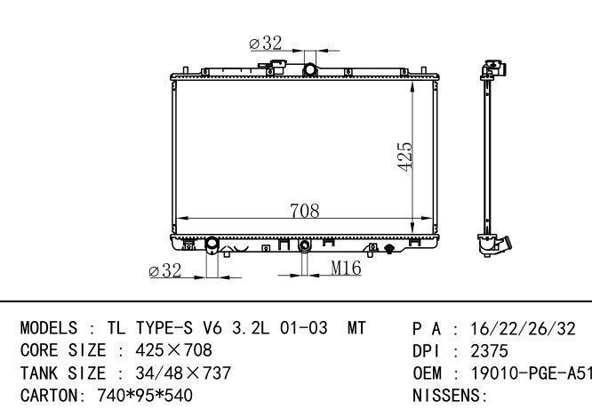 19010-PGE-A51 Car Radiator for  HONDA TL TYPE-S V6 3.2L 01-03 MT