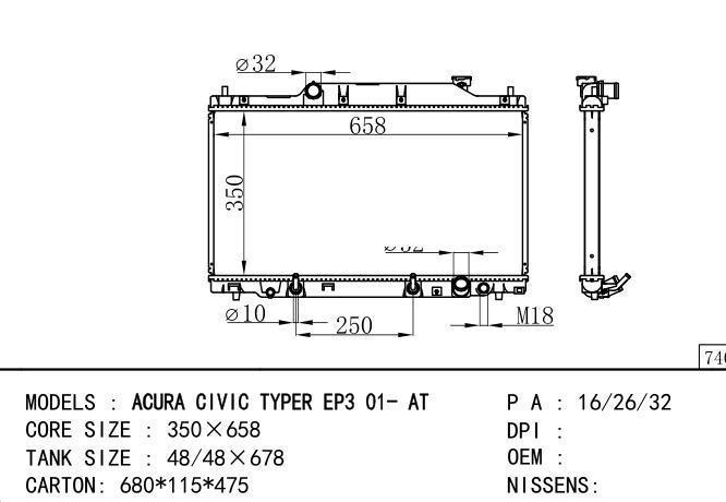  Car Radiator for  HONDA ACRUA CIVIC TYPER EP3 01-AT