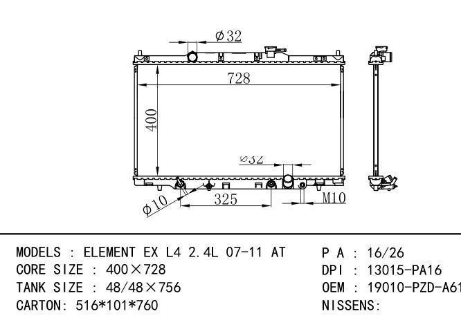 19010-PZD-A61 Car Radiator for  HONDA ELEMENT EX L4 2.4L 07-11 AT