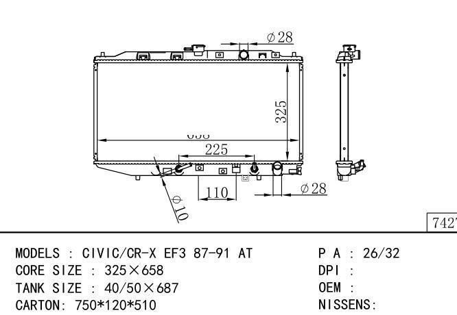  Car Radiator for  HONDA CIVIC/CR-X EF3 87-91 AT