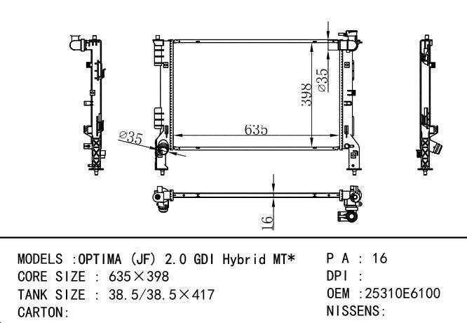 25310E6100 Car Radiator for Hyundai  OPTIMA (JF) 2.0 GDI Hybrid MT