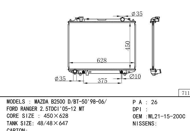  Car Radiator for MAZDA MAZDA B2500 D/BT-50'98-06/  FORD RANGER 2.5TDCI'05-12 AT